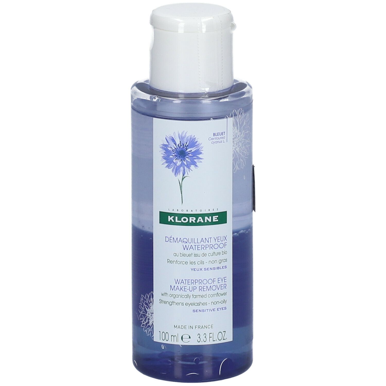 KLORANE Struccante Occhi Waterproof, flacone blu. 100 ml. Per trucco resistente all'acqua.