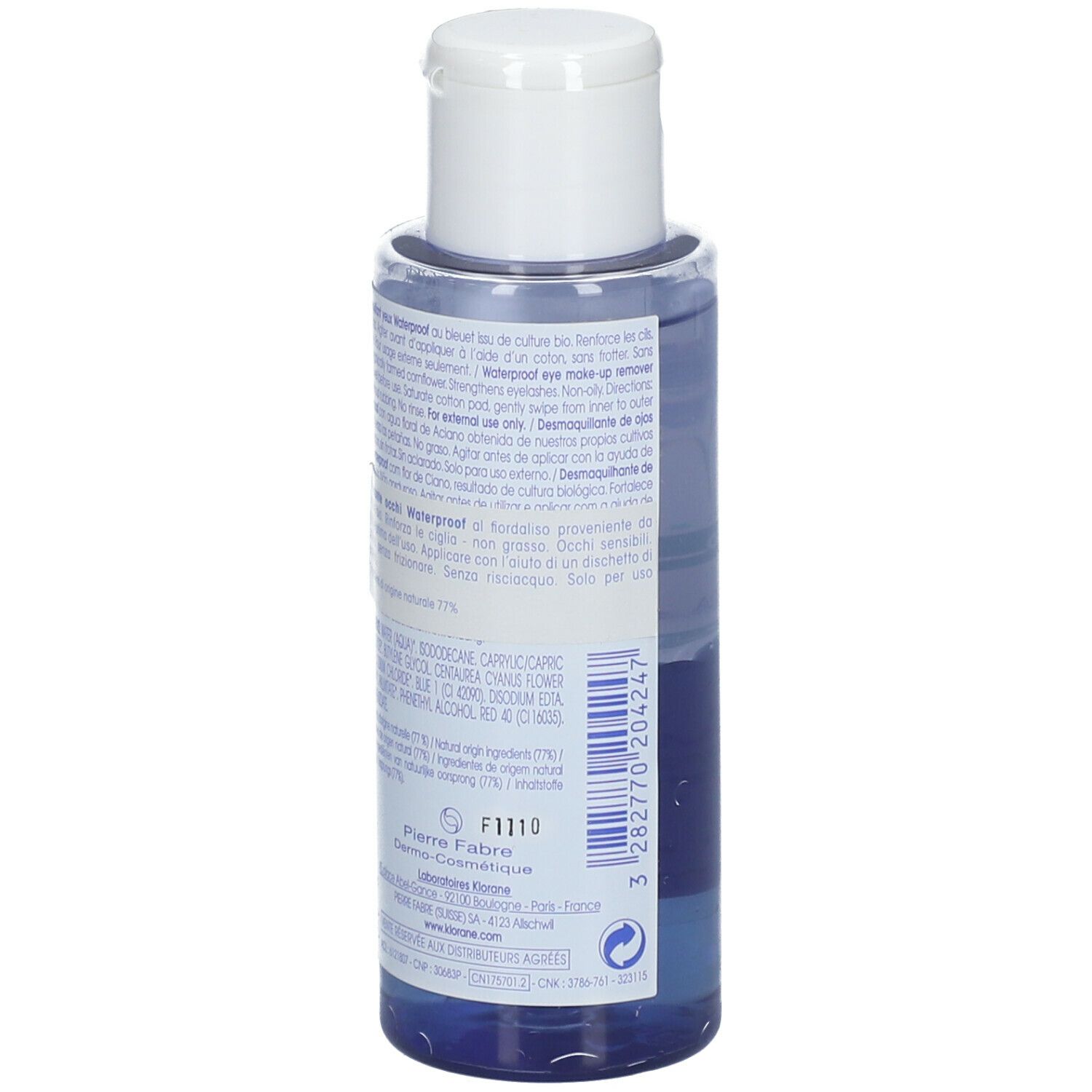 Retro del flacone KLORANE. Testo multilingue. Ingredienti e informazioni del produttore.