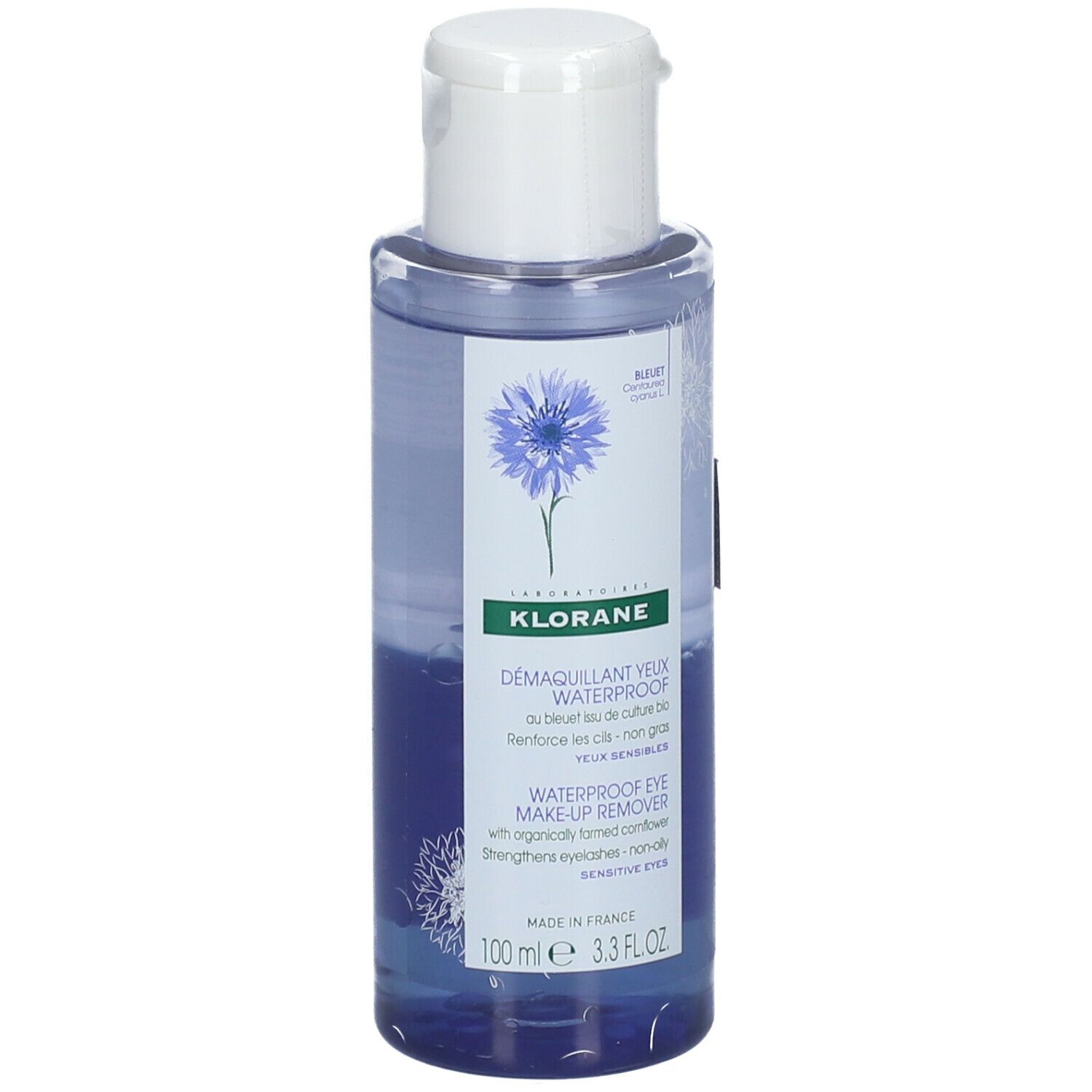 KLORANE Struccante Occhi Waterproof, flacone blu. 100 ml. Per trucco resistente all'acqua.