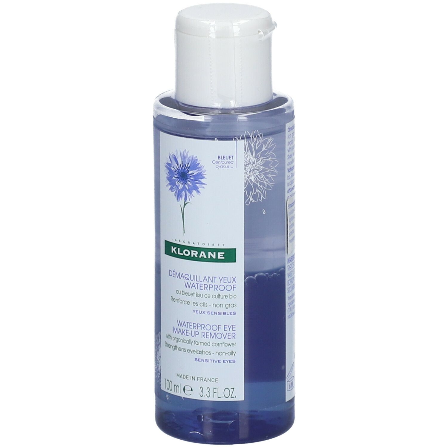 KLORANE Struccante Occhi Waterproof, flacone blu. 100 ml. Per trucco resistente all'acqua.