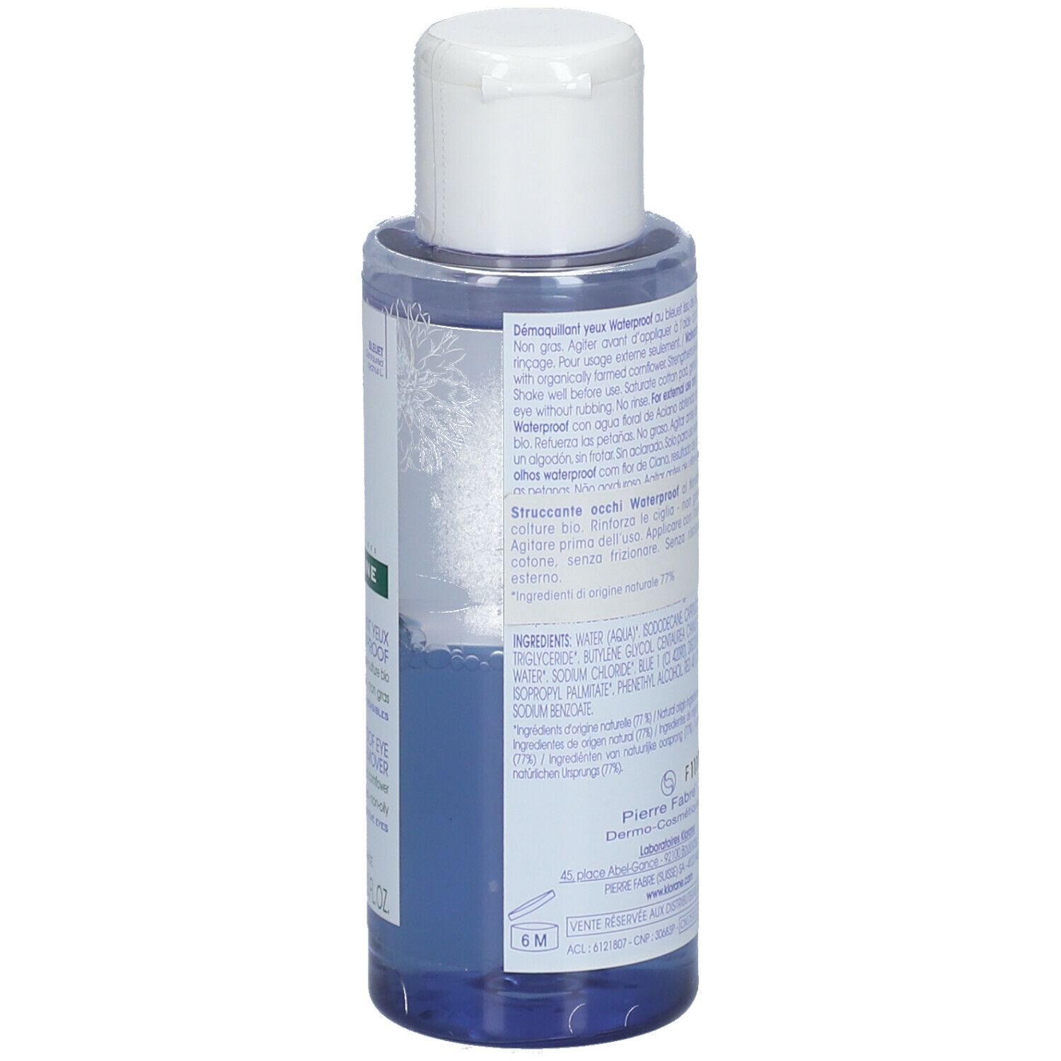 Retro del flacone KLORANE. Testo multilingue. Ingredienti e informazioni del produttore.