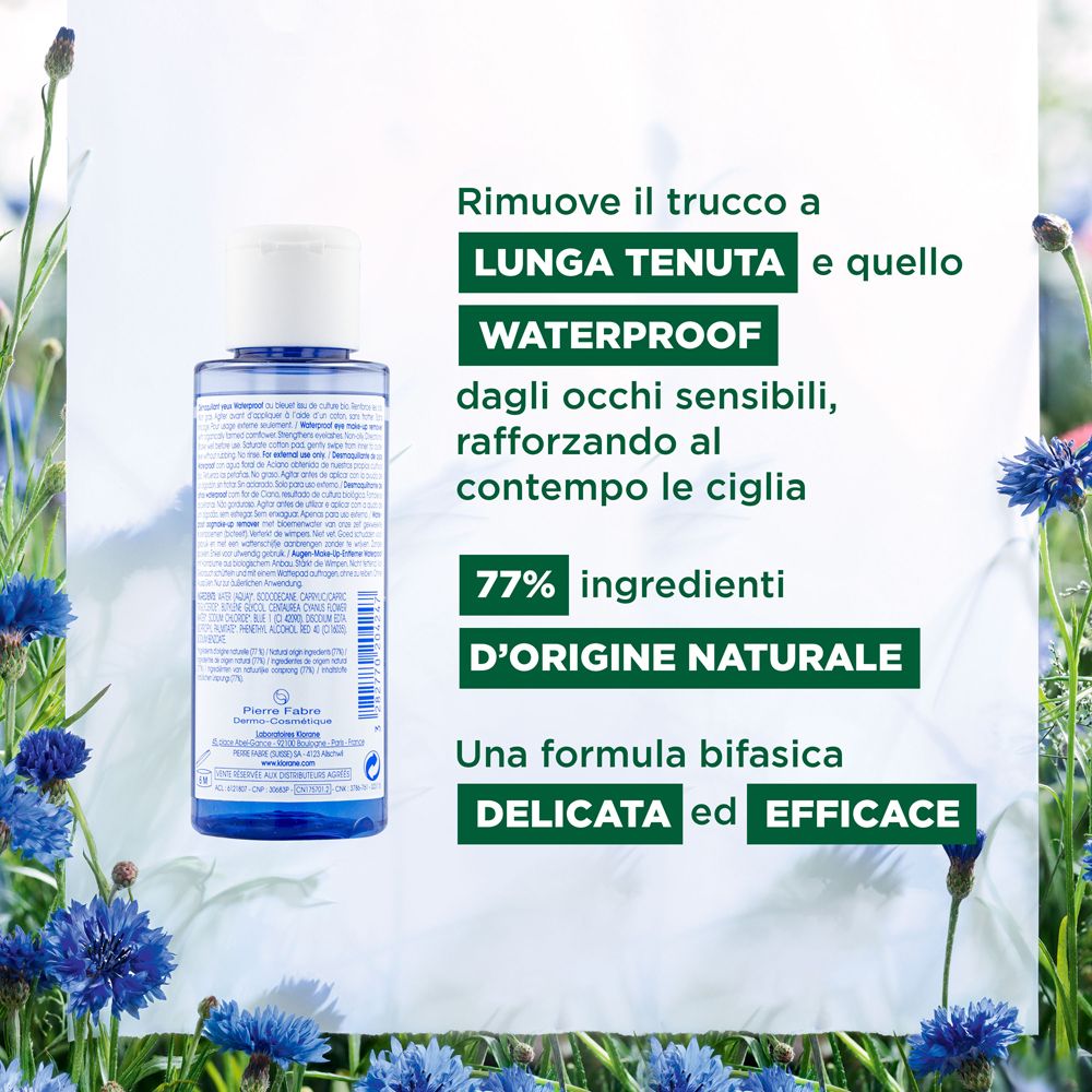 Retro del flacone KLORANE. Testo in italiano. 77% ingredienti di origine naturale.