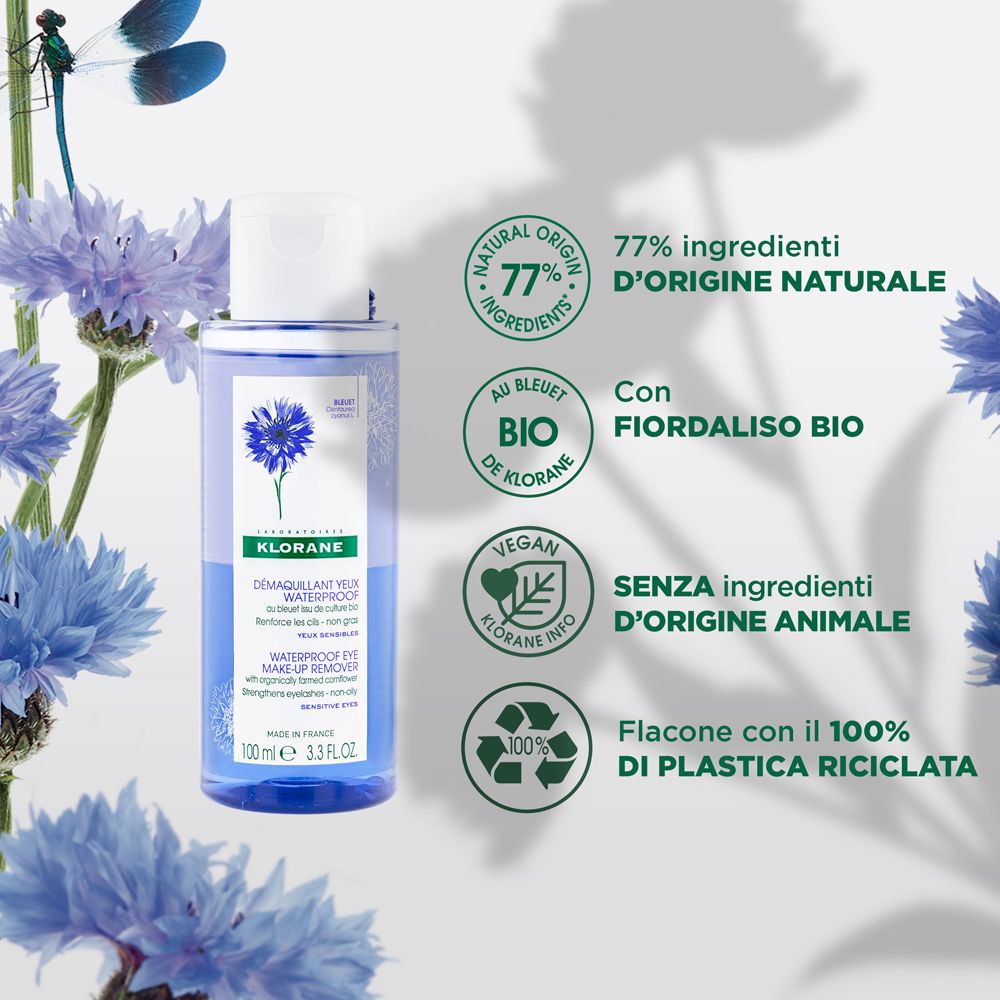 KLORANE Struccante Occhi, flacone blu. Con fiordaliso bio. Vegano. Plastica riciclata al 100%.
