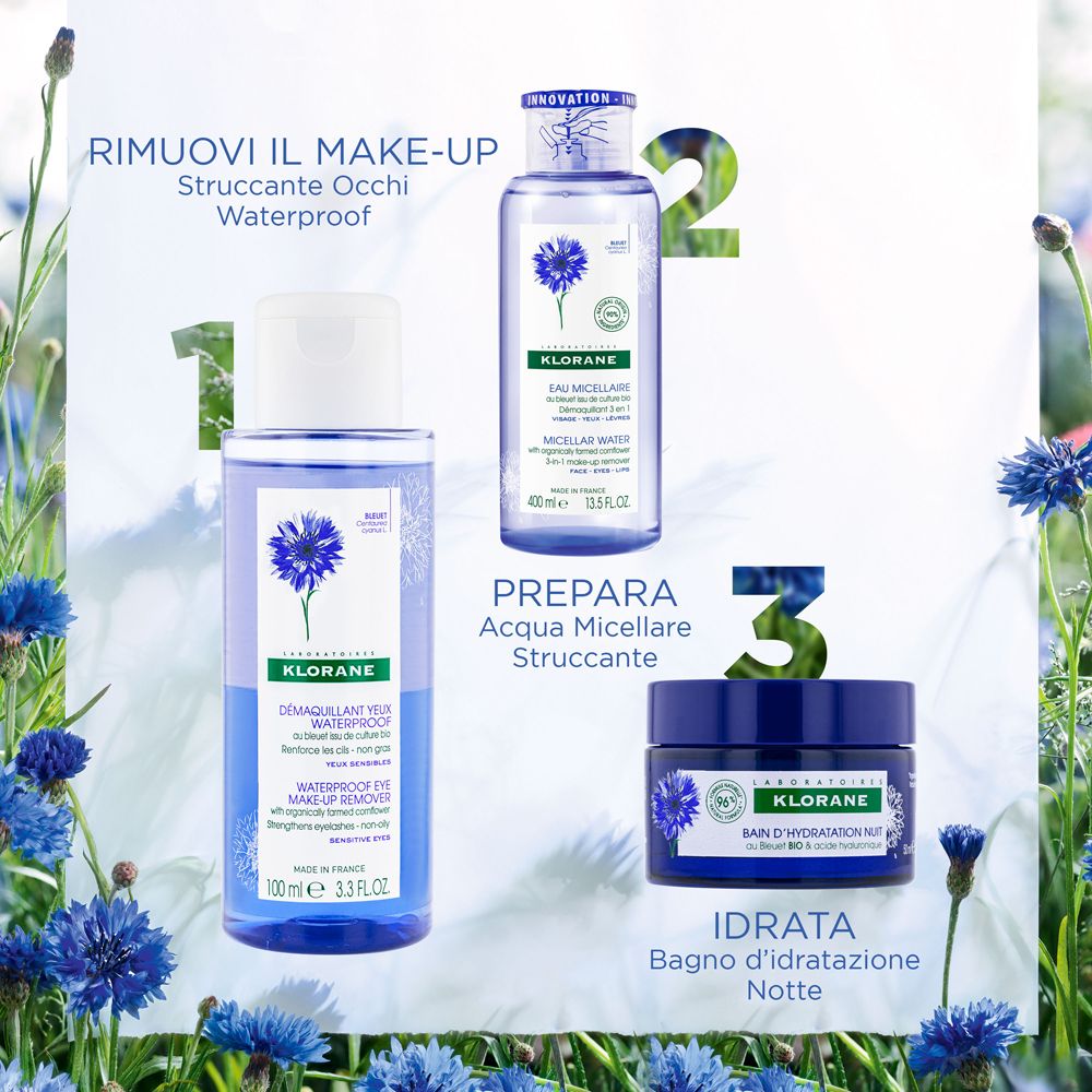 Gamma KLORANE: Struccante, acqua micellare, crema notte. Confezione blu.