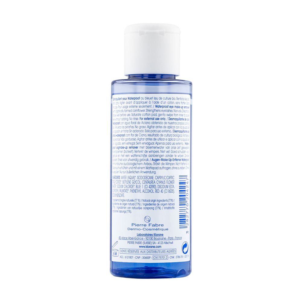 Retro del flacone KLORANE. Testo multilingue. Ingredienti e informazioni del produttore.