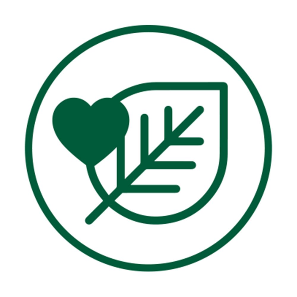 Logo verde con cuore e foglia. Simbolo di ingredienti naturali e sostenibilità.