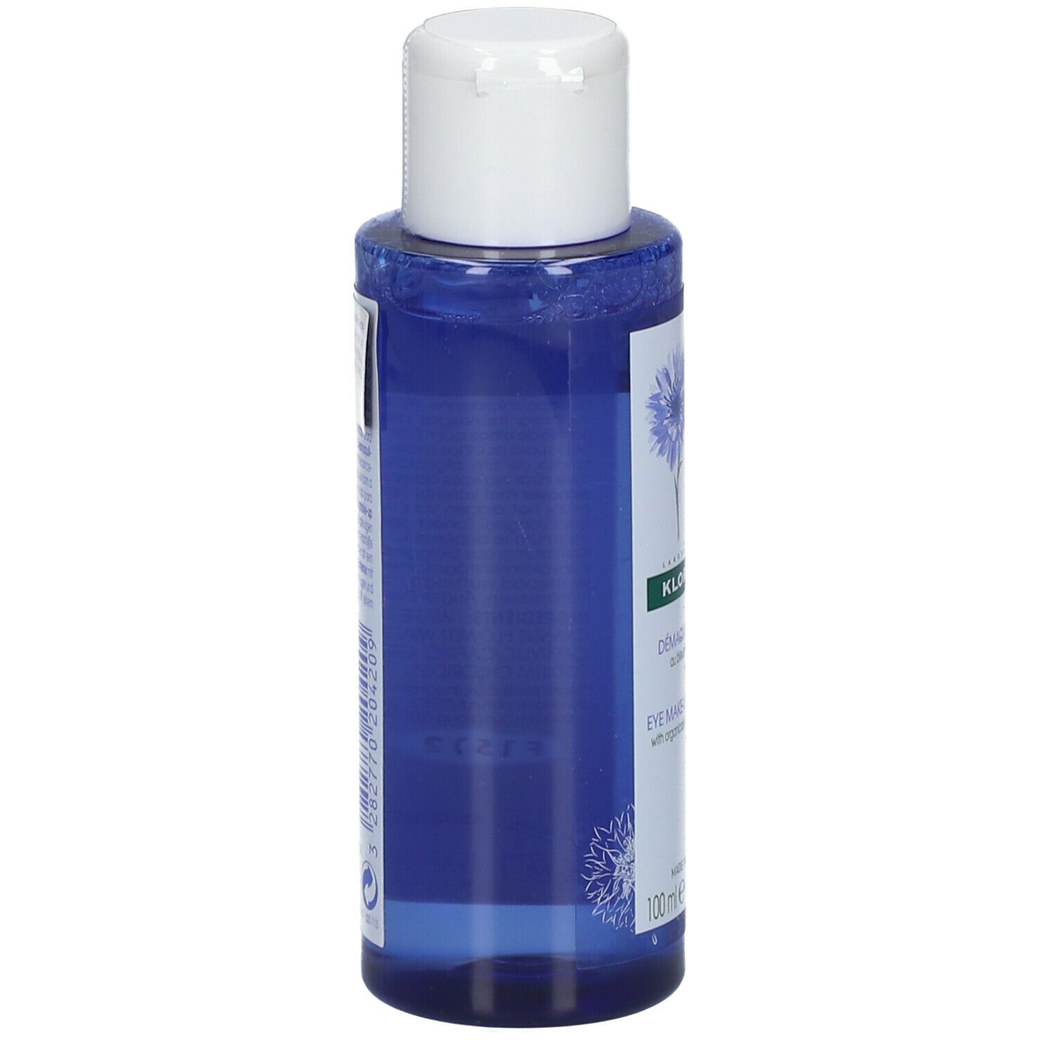 Retro di un flacone blu. Testo: ingredienti, produttore Pierre Fabre. Per occhi sensibili.