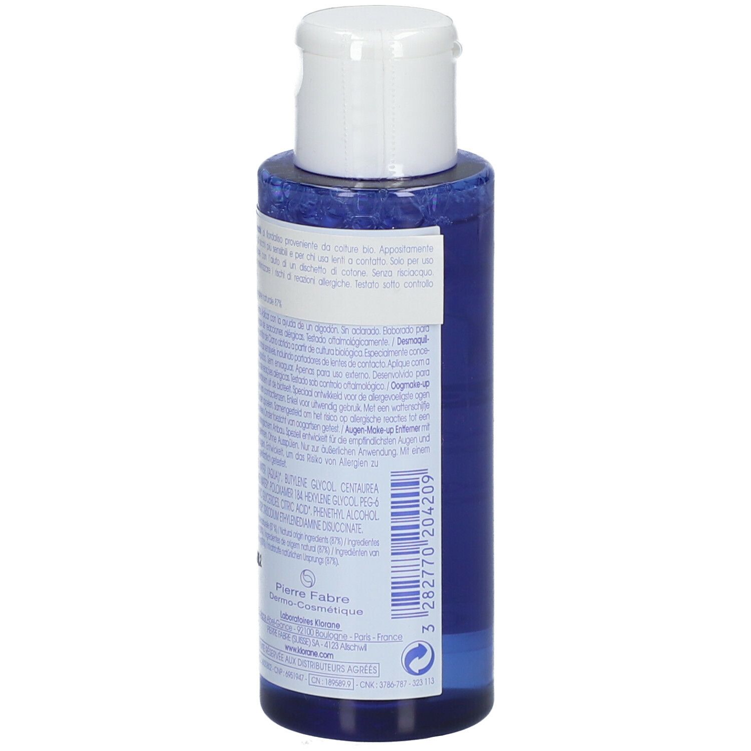 Retro di un flacone blu. Testo: ingredienti, produttore Pierre Fabre. Per occhi sensibili.