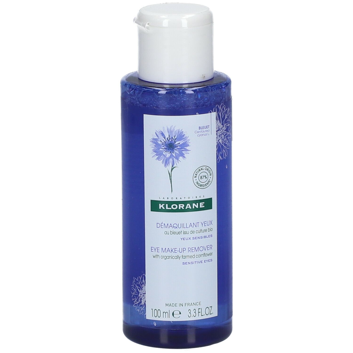 Flacone blu con tappo bianco. Scritta: KLORANE, struccante occhi. Contiene fiordaliso. Per occhi sensibili.