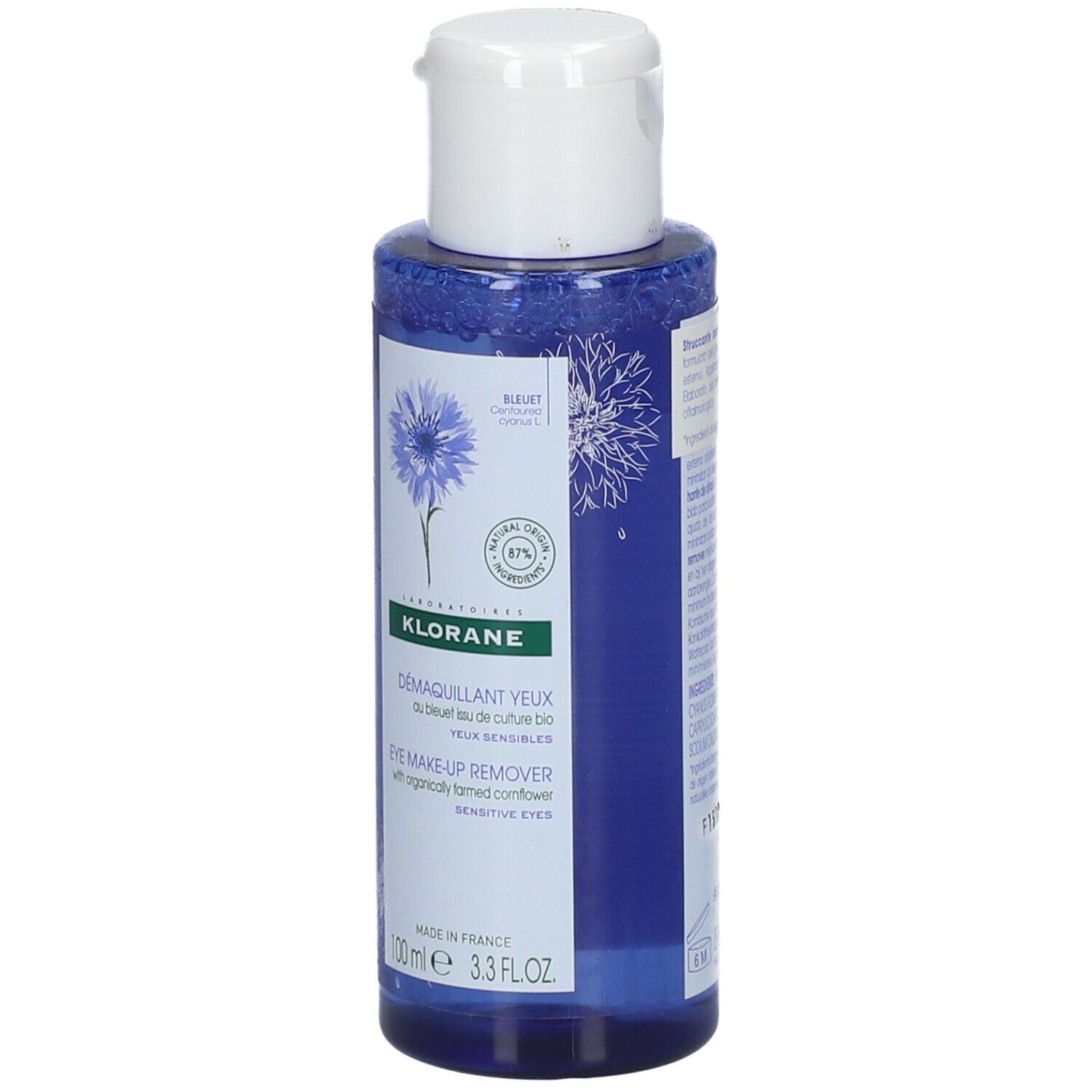 Flacone blu con tappo bianco. Scritta: KLORANE, struccante occhi. Contiene fiordaliso. Per occhi sensibili.