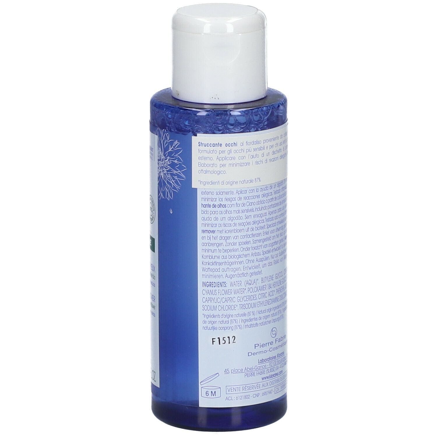 Retro di un flacone blu. Testo: ingredienti, produttore Pierre Fabre. Per occhi sensibili.