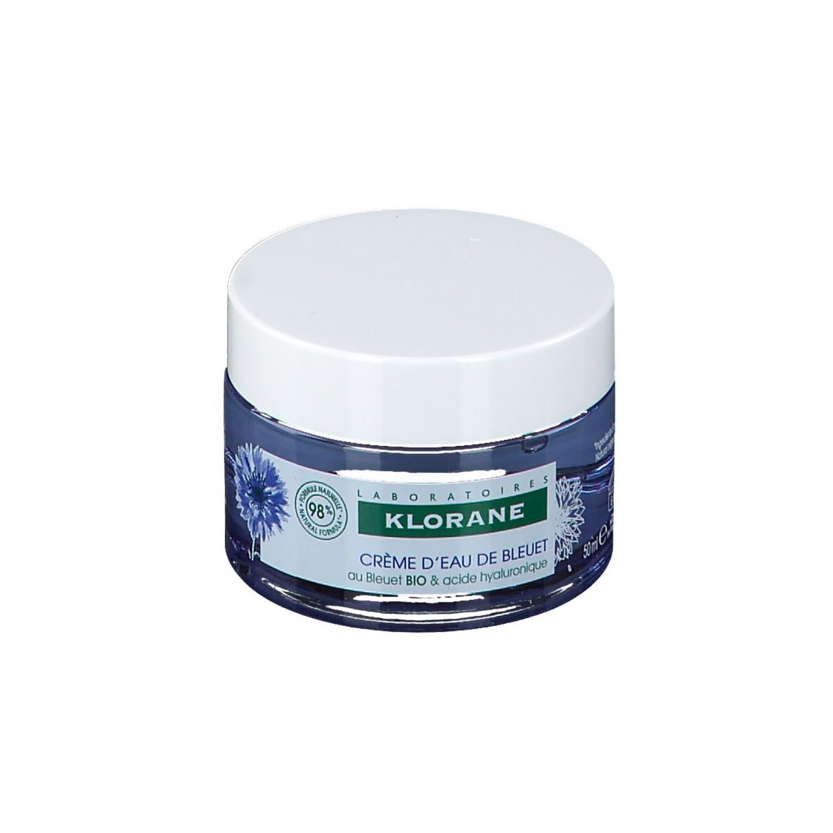 Creme in einem Glas mit weißem Deckel. Text: Klorane, Crème d'eau de bleuet, 50ml.
