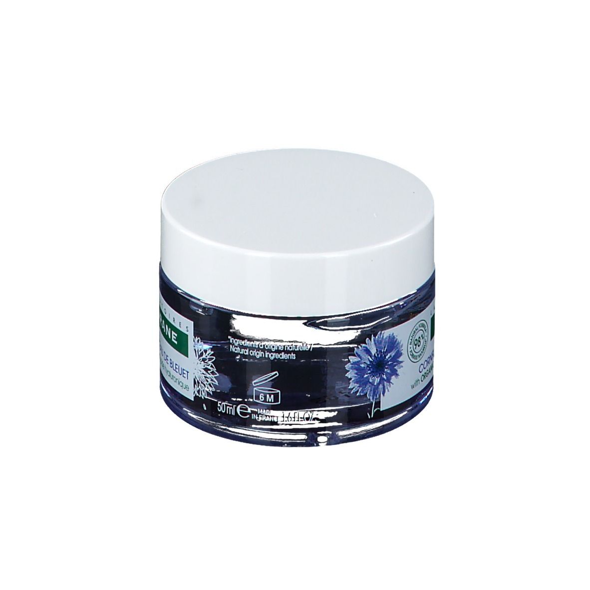 Creme in einem Glas mit weißem Deckel. Text: Klorane, Crème d'eau de bleuet, 50ml.