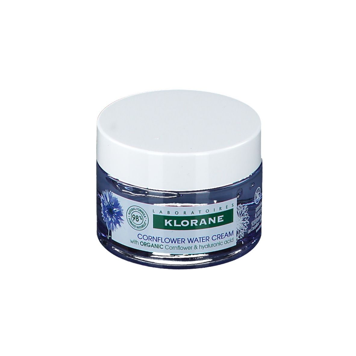 Creme in einem Glas mit weißem Deckel. Text: Klorane, Crème d'eau de bleuet, 50ml.