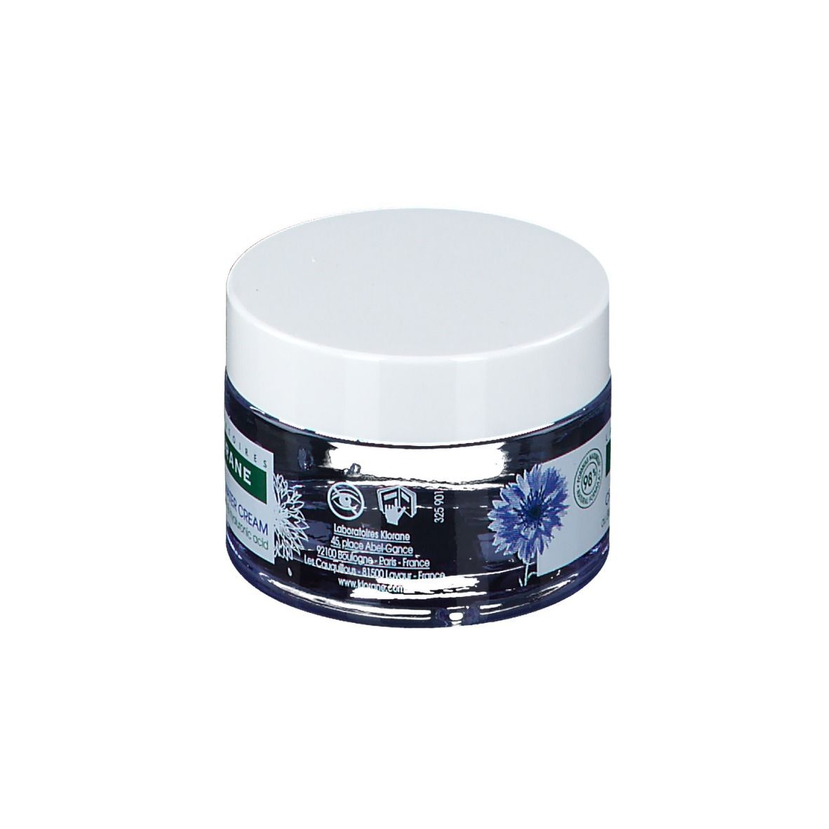 Creme in einem Glas mit weißem Deckel. Text: Klorane, Crème d'eau de bleuet, 50ml.
