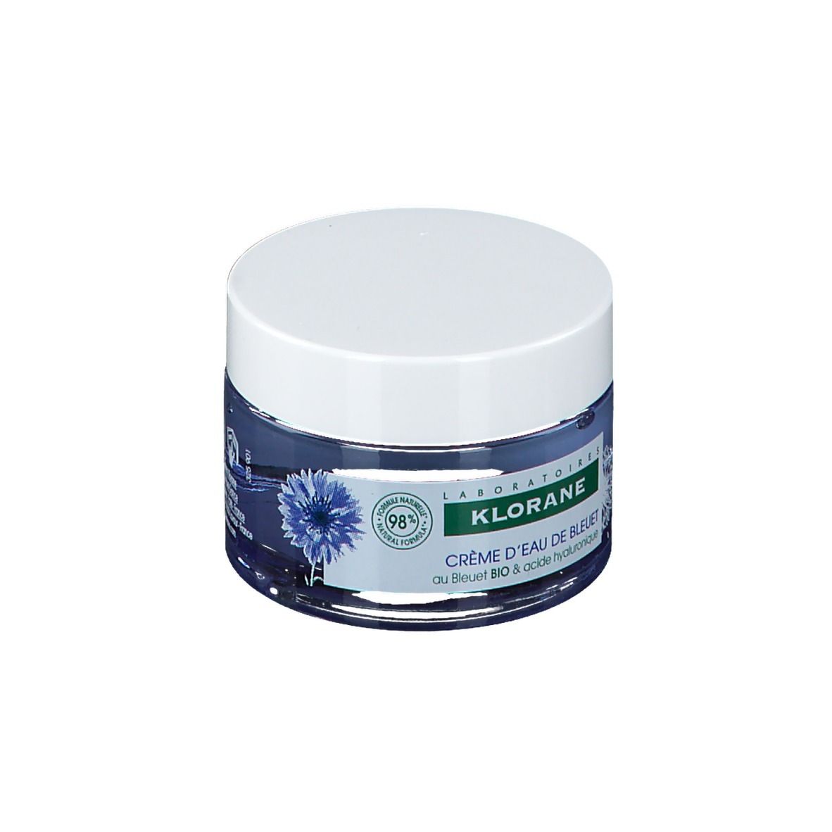 Creme in einem Glas mit weißem Deckel. Text: Klorane, Crème d'eau de bleuet, 50ml.