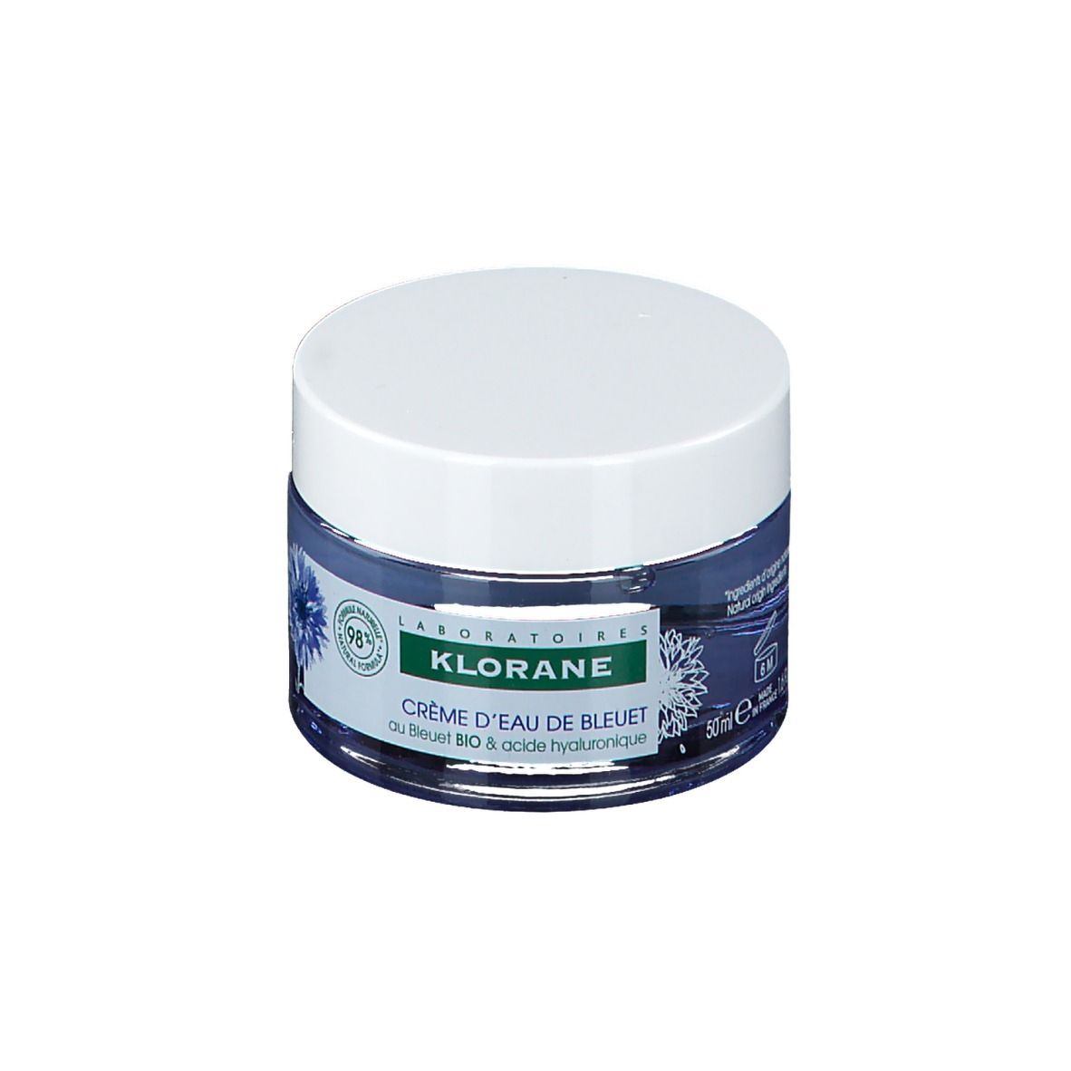 Creme in einem Glas mit weißem Deckel. Text: Klorane, Crème d'eau de bleuet, 50ml.