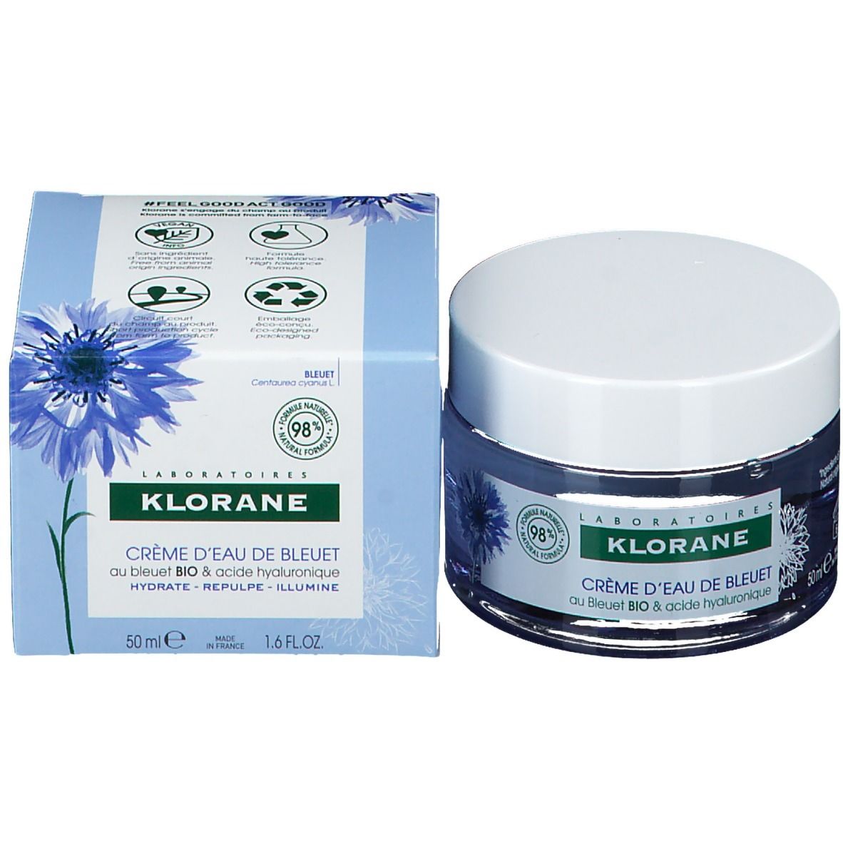 Creme und Schachtel. Text: Klorane, Crème d'eau de bleuet, 50ml, 1.6 FL.OZ.