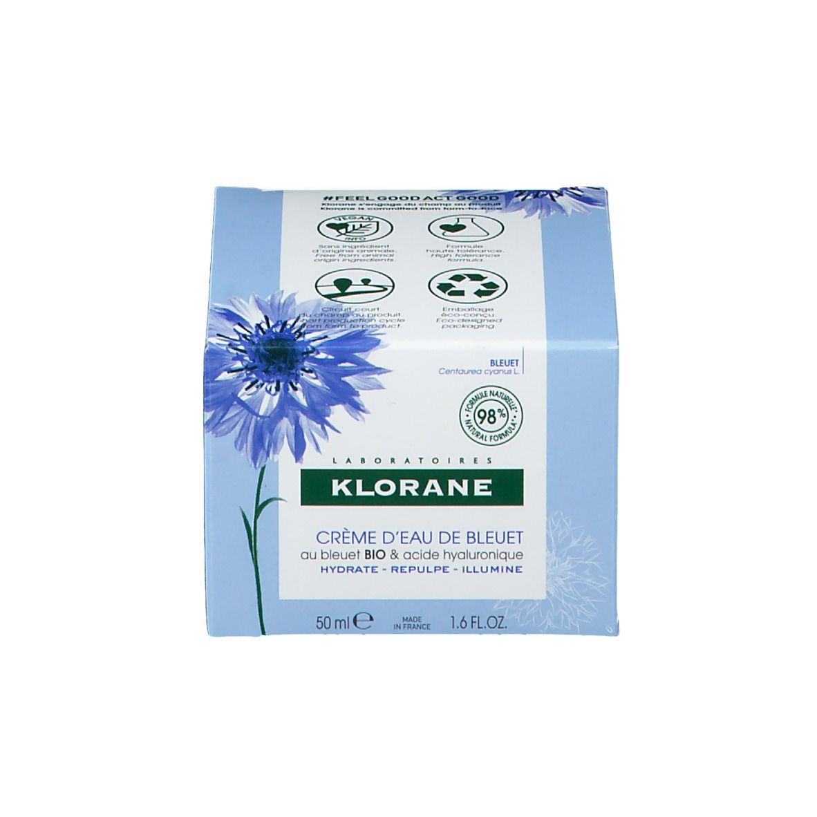 Schachtel. Text: Klorane, Crème d'eau de bleuet, 50ml, 1.6 FL.OZ.