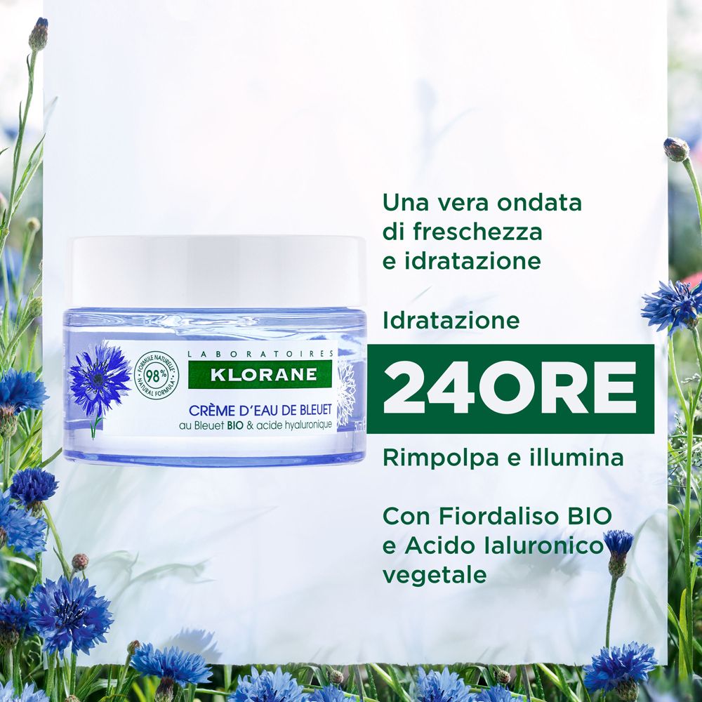 Produkt in einem Glas, umgeben von blauen Blüten. Text: Klorane, Creme d'eau de bleuet.