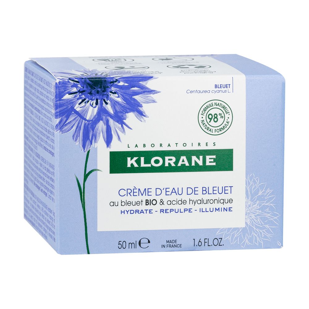 Hellblaue Schachtel mit Creme. Text: Klorane, Crème d'eau de bleuet, 50 ml.