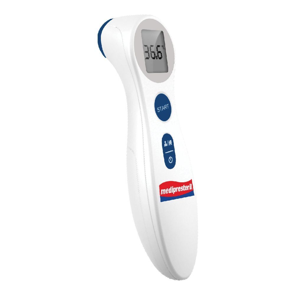 Termometro frontale a infrarossi bianco con pulsante blu e display. Marca: medipresteril. Mostra 36,6 gradi.