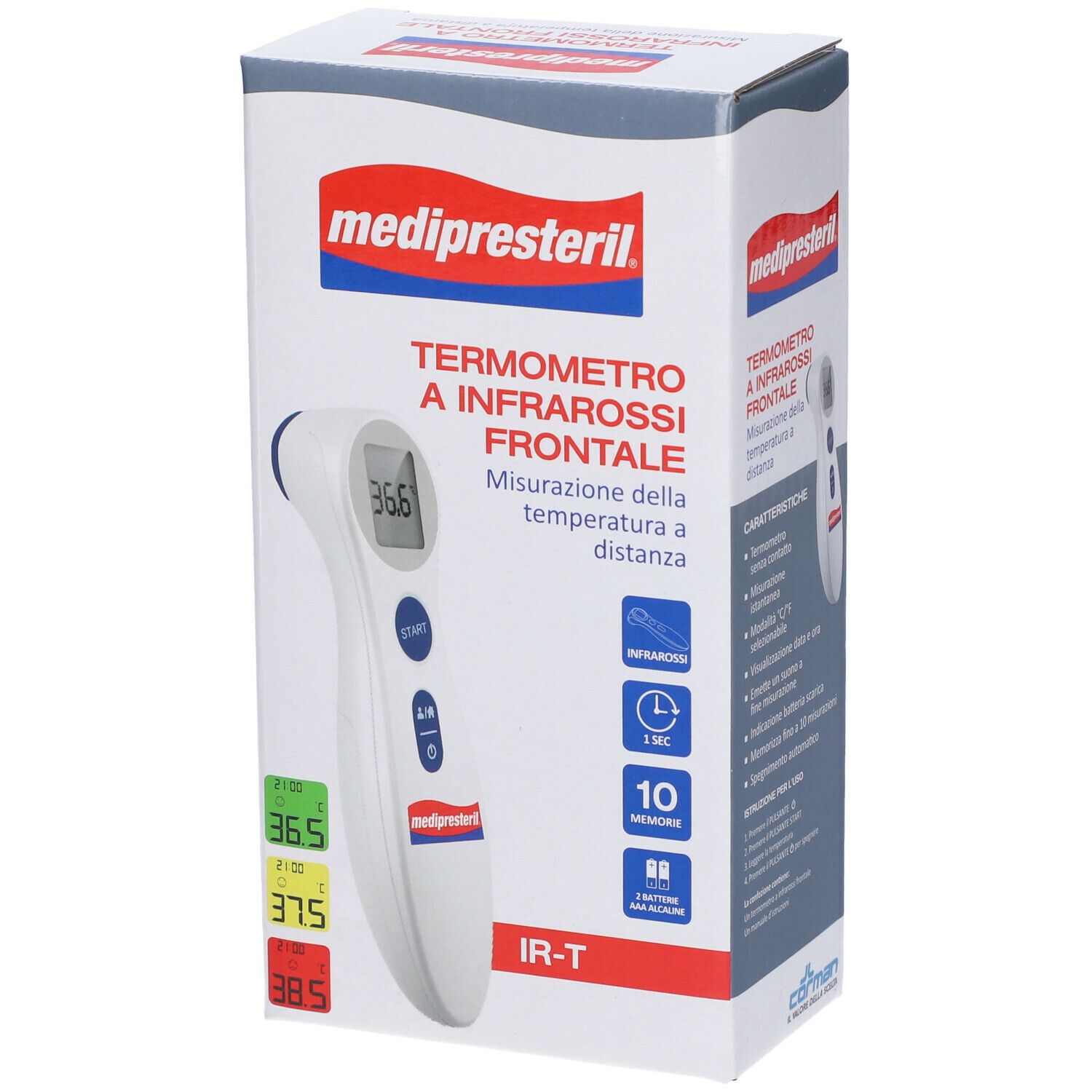 Confezione del termometro frontale. Scritta: medipresteril, Termometro a infrarossi frontale. Visualizzazione dei valori di temperatura.