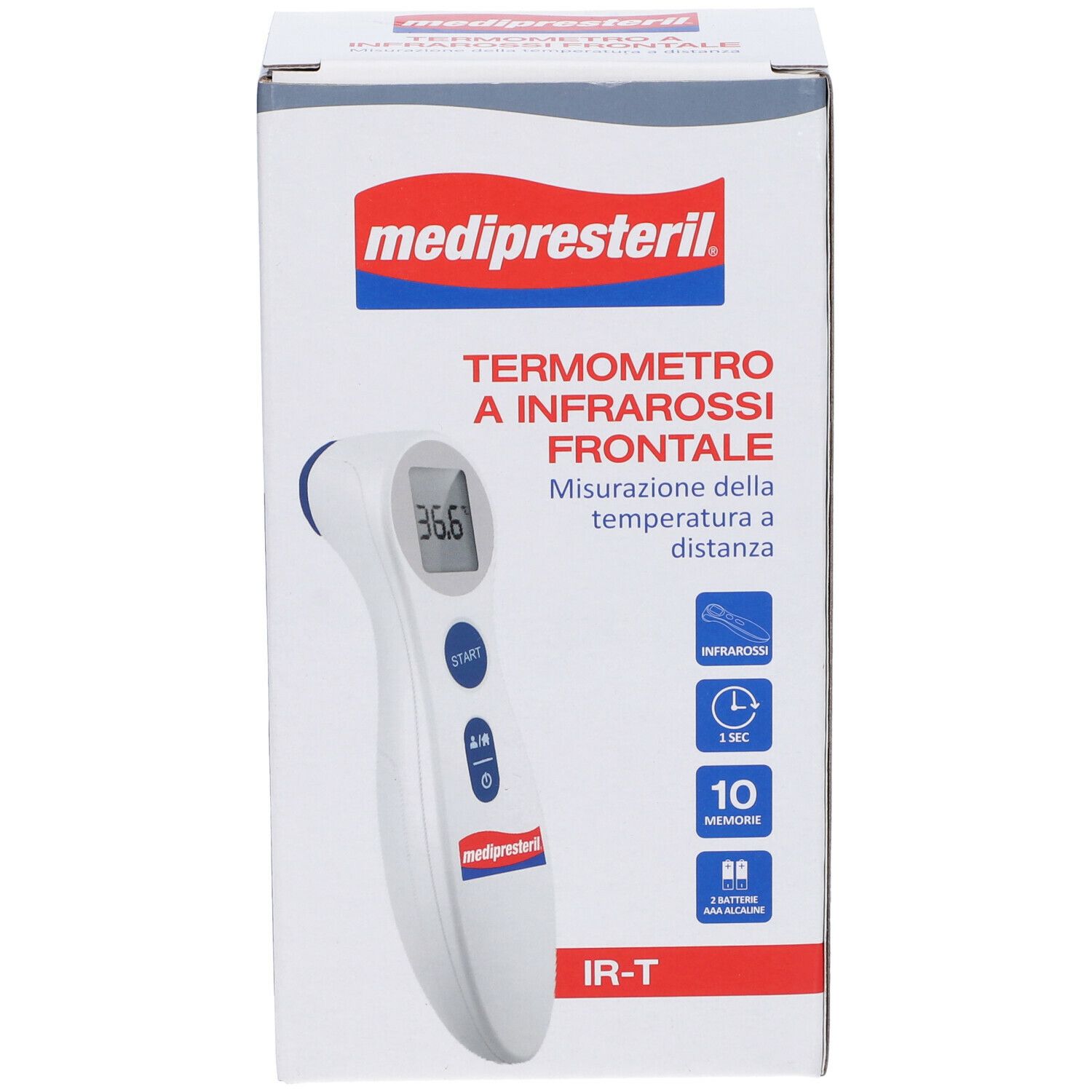 Confezione del termometro frontale. Scritta: medipresteril, Termometro a infrarossi frontale. Immagine del termometro.