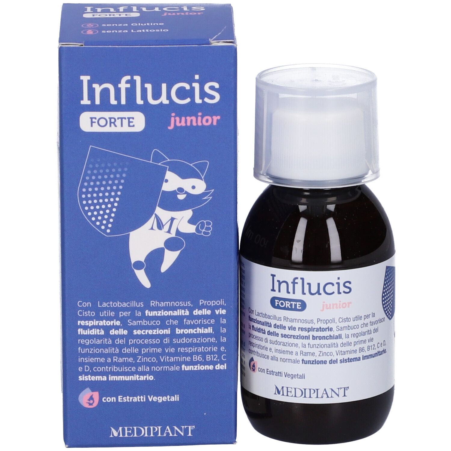 Scatola e flacone di liquido. Sulla scatola è scritto "Influcis Forte junior". Il flacone ha un tappo bianco.