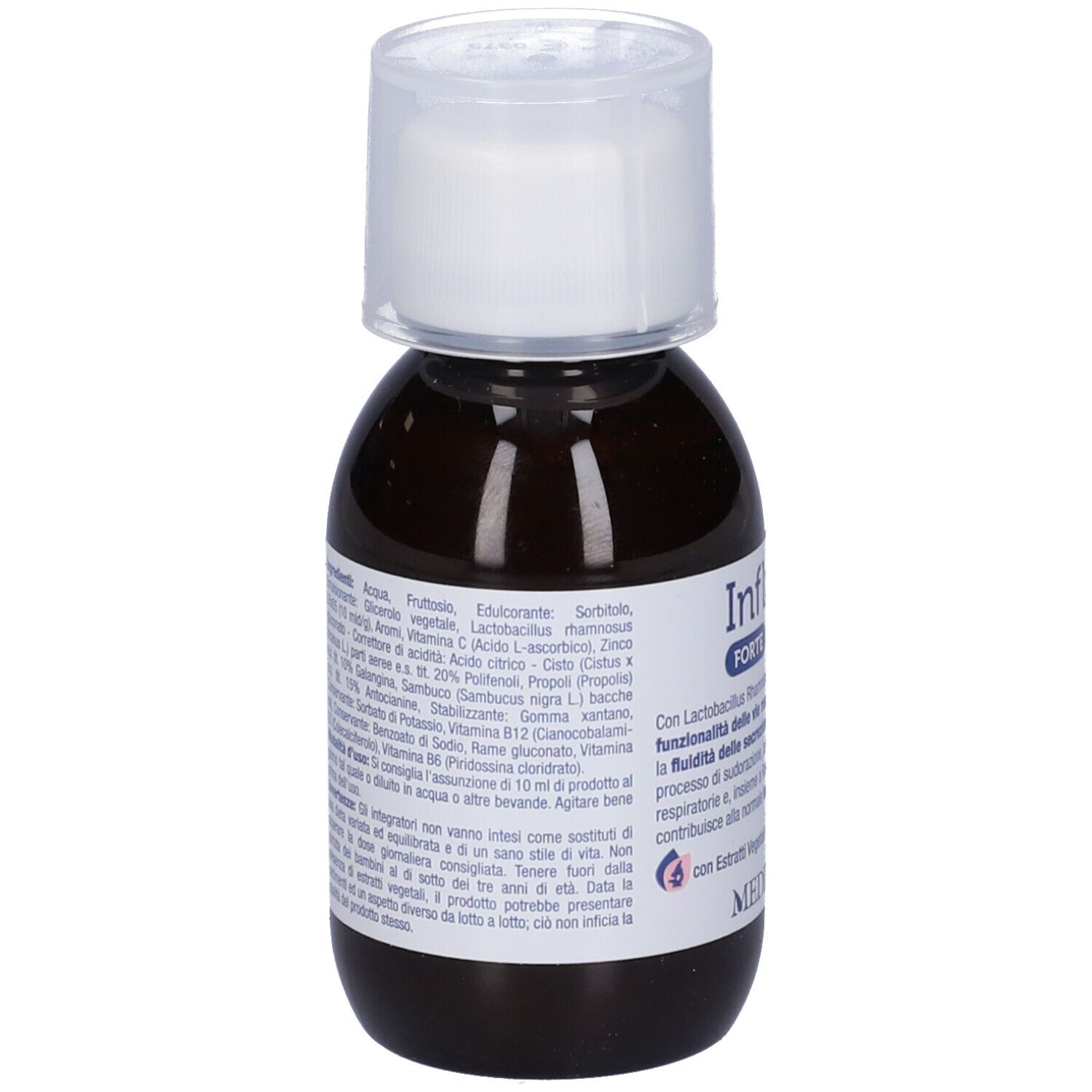 Flacone marrone con tappo bianco. Ingredienti e testo stampati sul flacone.
