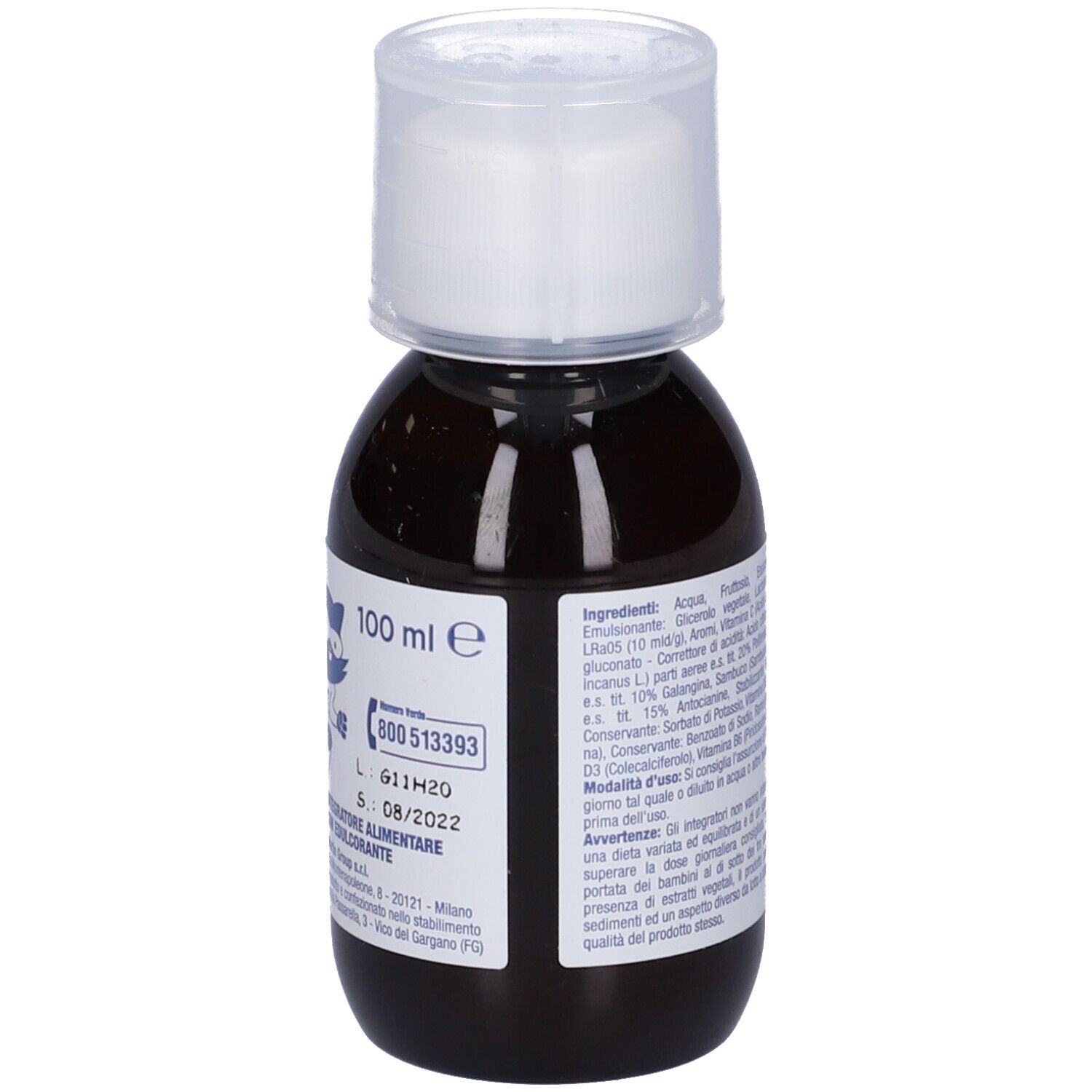 Flacone marrone con tappo bianco. Ingredienti e testo stampati sul flacone.