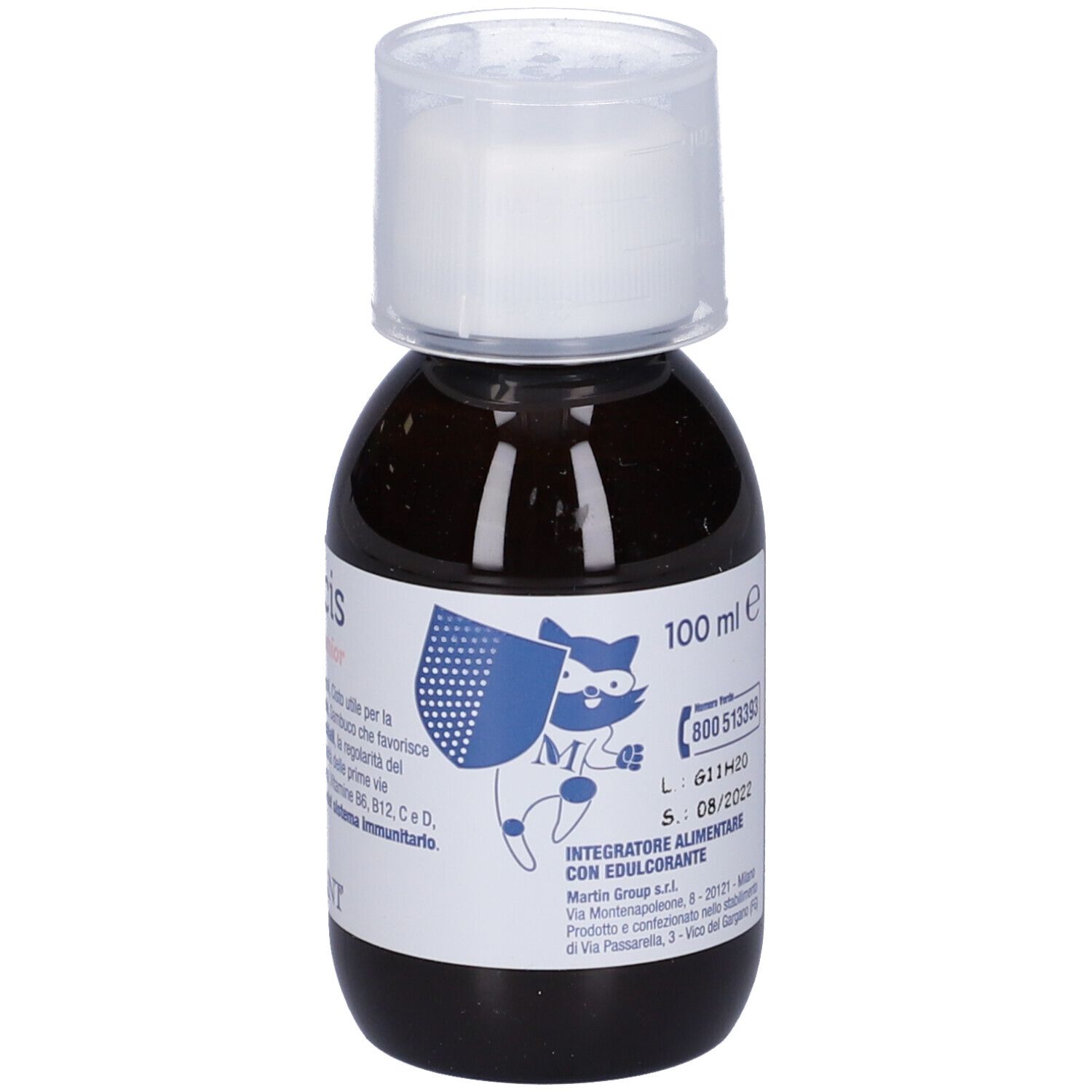 Flacone marrone con tappo bianco. Ingredienti e testo stampati sul flacone.