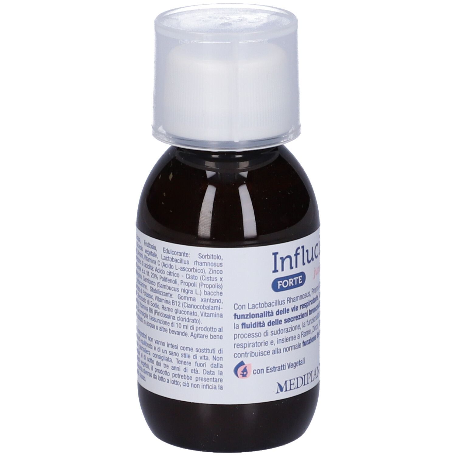 Flacone marrone con tappo bianco. Ingredienti e testo stampati sul flacone.