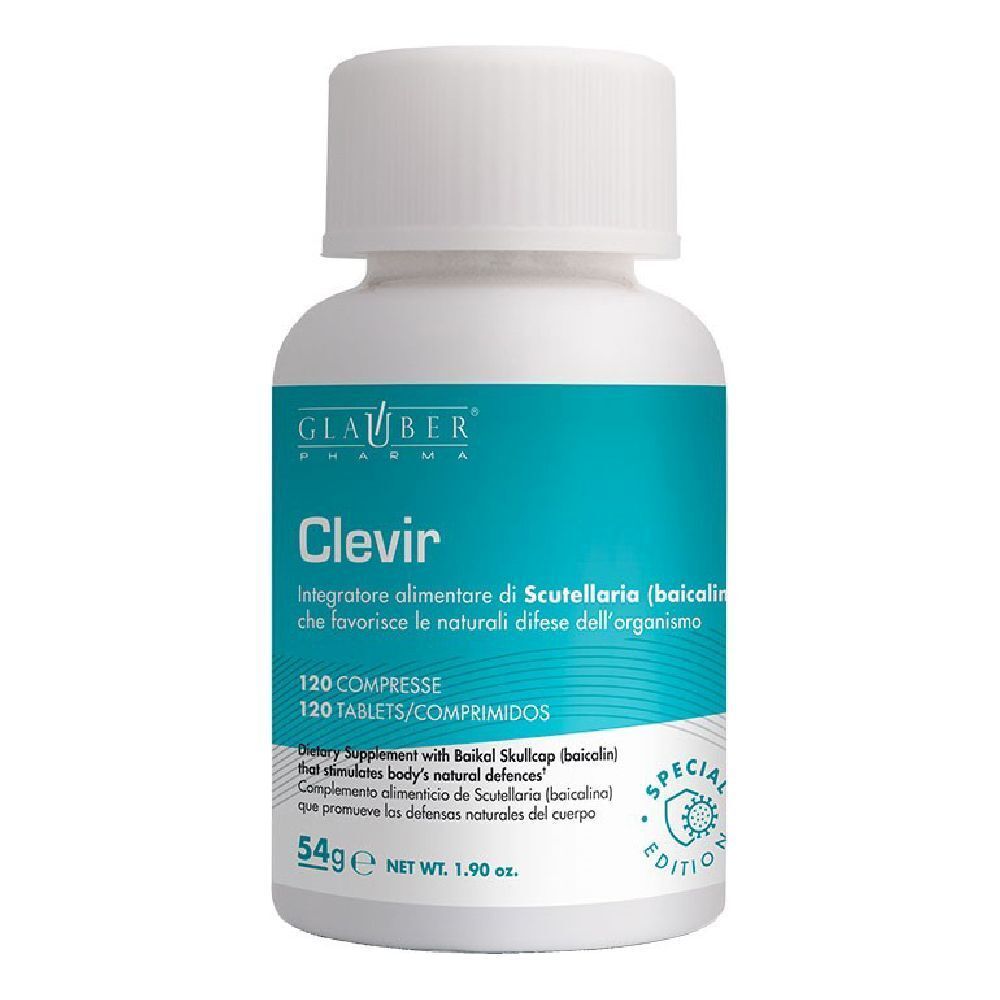 Flacone bianco di Clevir. Etichette blu con testo. Logo edizione speciale.