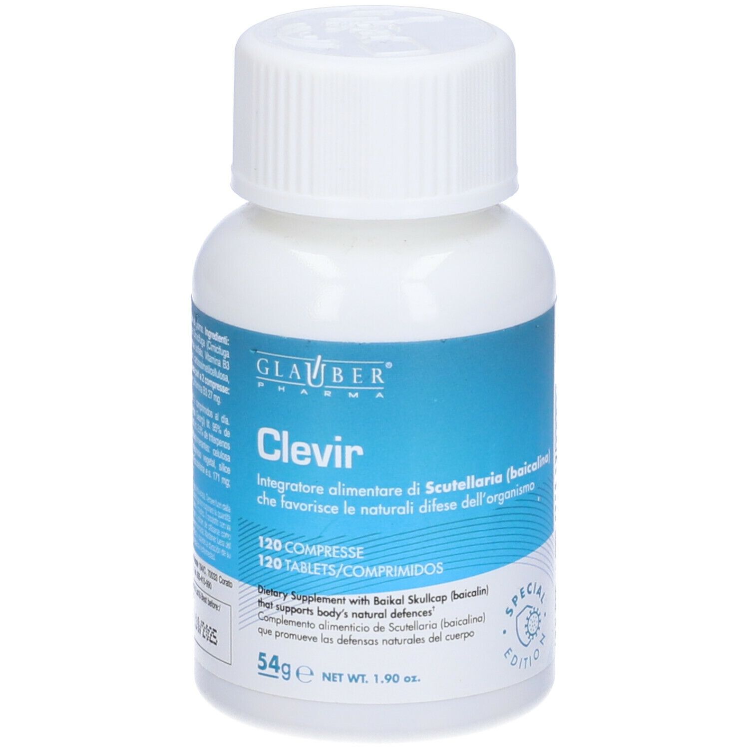 Flacone bianco di Clevir. Etichetta blu con testo. Logo edizione speciale.