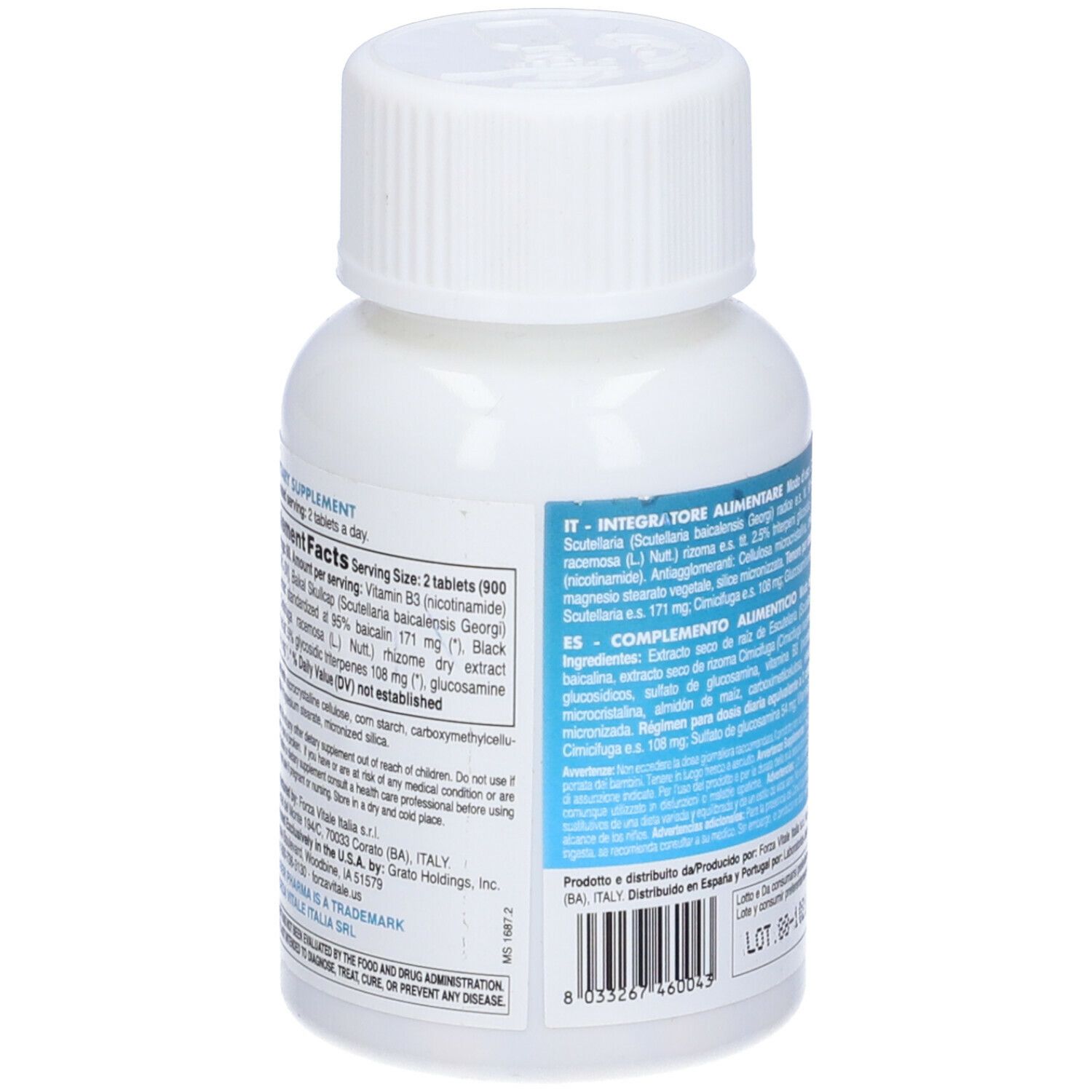 Retro del flacone di compresse Clevir. Etichetta blu con testo. Numero di lotto e scadenza.