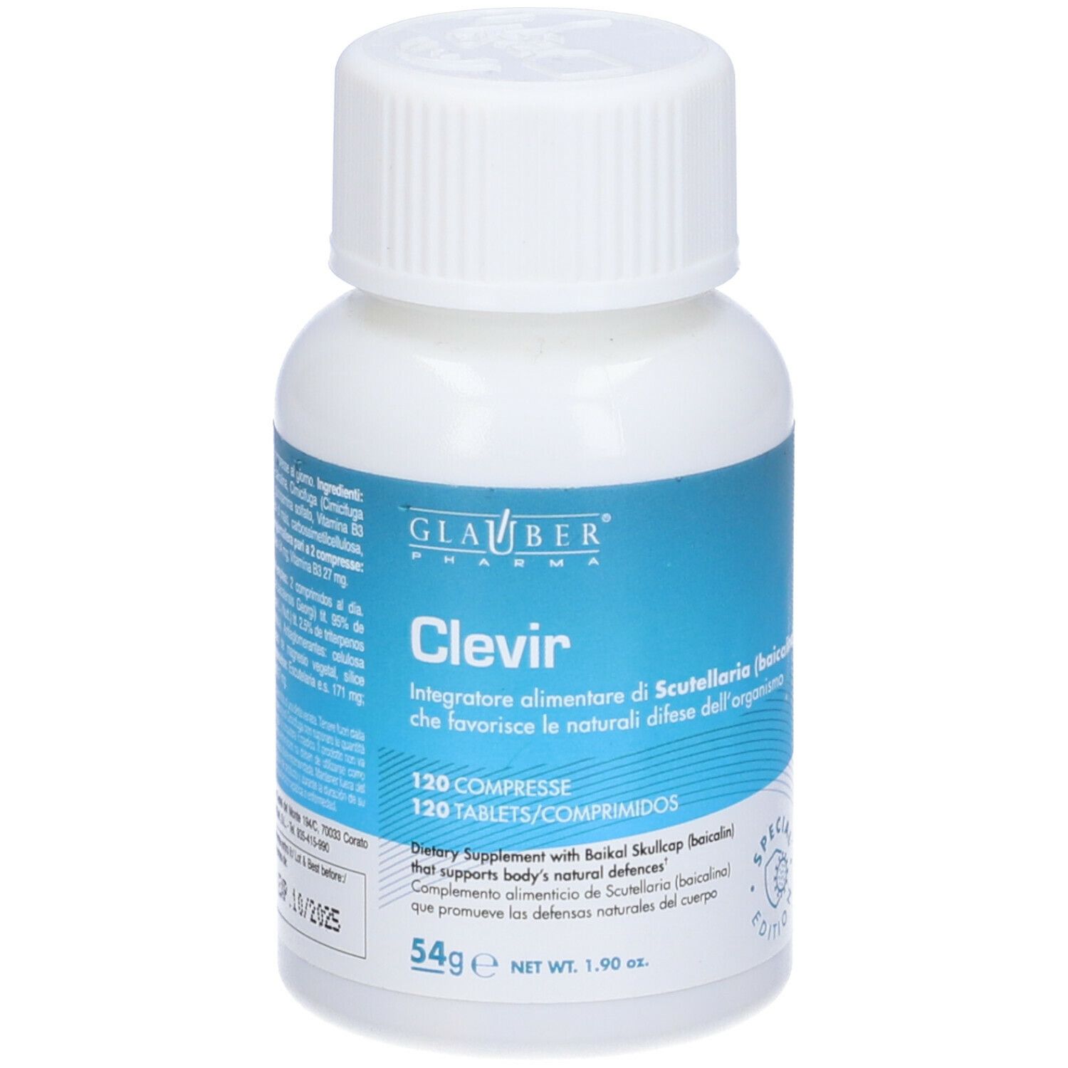 Flacone bianco di Clevir. Etichetta blu con testo. Scadenza 10/2025.