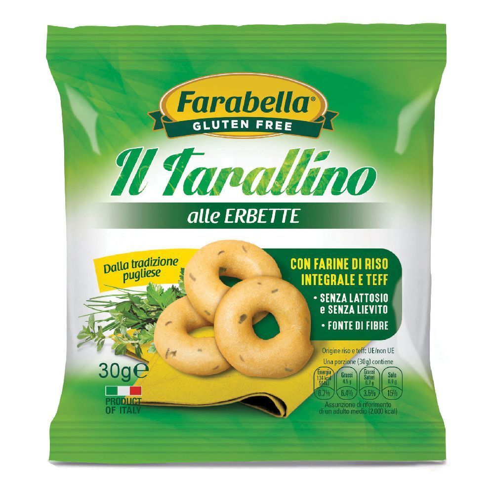 Confezione di Farabella Il Tarallino alle Erbette Senza Glutine. Mostra tre snack senza glutine a forma di anello. Testo: Gluten Free, Il Tarallino alle Erbette.