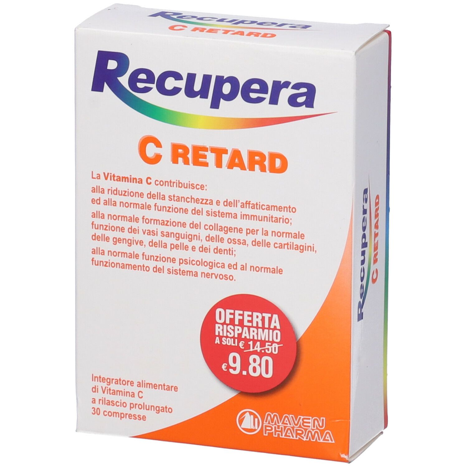 Scatola bianca con nome del prodotto e prezzo. Scritto: Recupera C Retard. Prezzo offerta: 9,80 €.