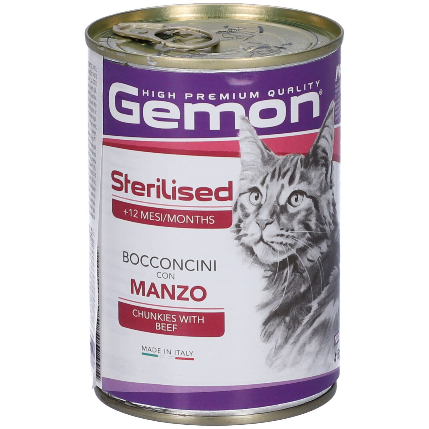 Lattina di cibo per gatti Gemon Sterilised Bocconcini con Manzo. Immagine di un gatto. Contiene manzo.