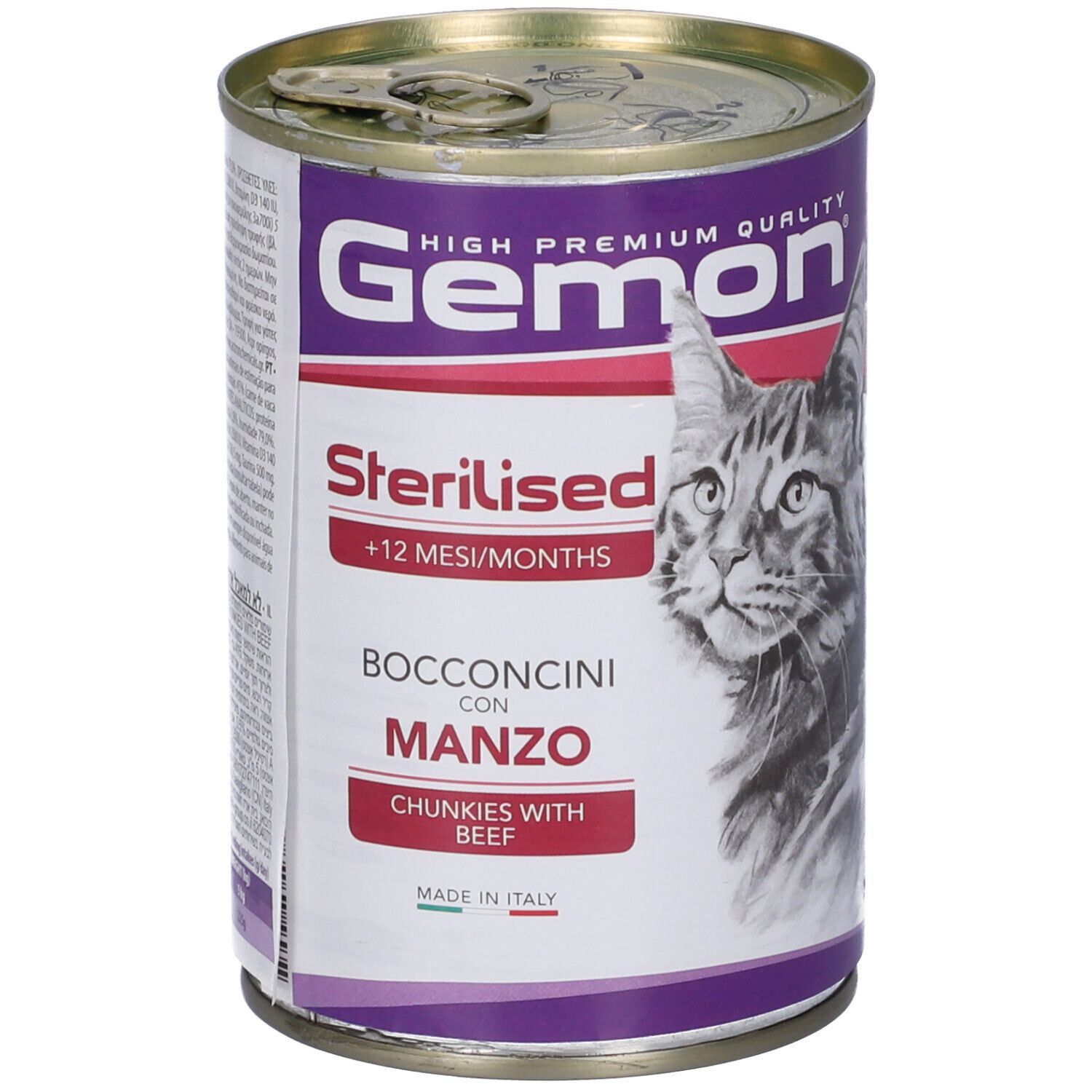 Lattina di cibo per gatti Gemon Sterilised Bocconcini con Manzo. Immagine di un gatto. Contiene manzo.