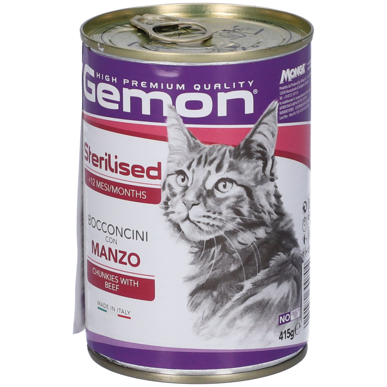 Lattina di cibo per gatti Gemon Sterilised Bocconcini con Manzo. Immagine di un gatto. Peso: 415g.