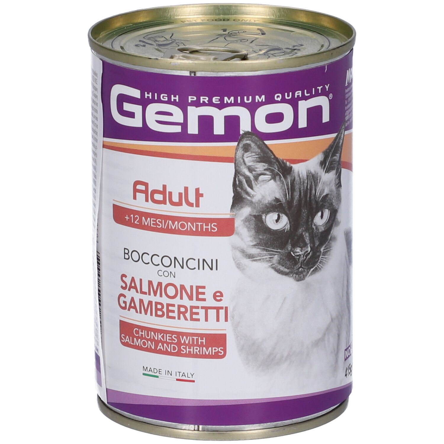 Lattina di cibo per gatti Gemon. Scritta: Adult +12 mesi, con salmone e gamberetti. Immagine di un gatto.