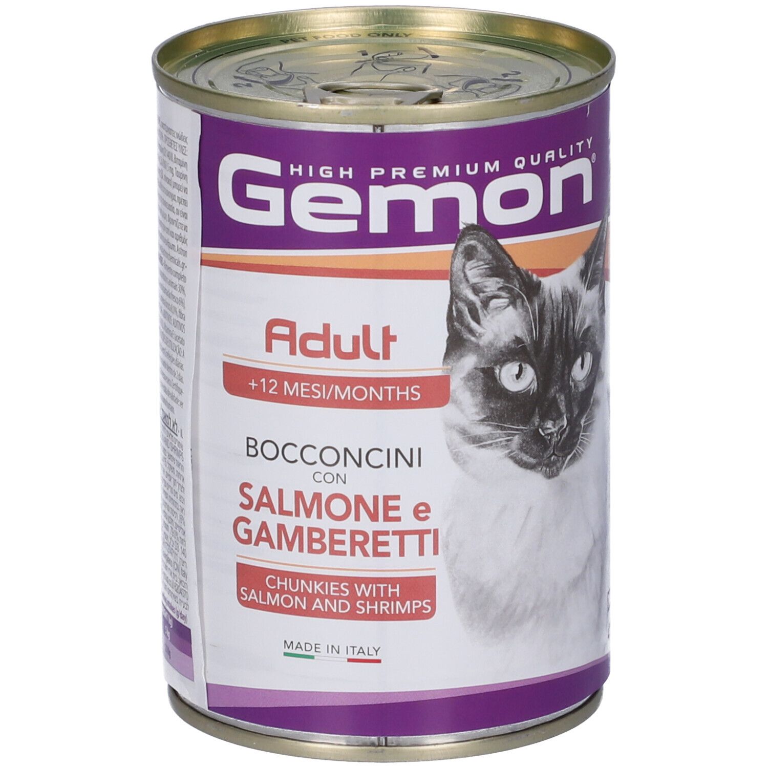 Lattina di cibo per gatti Gemon. Scritta: Adult +12 mesi, con salmone e gamberetti. Immagine di un gatto. Prodotto in Italia.