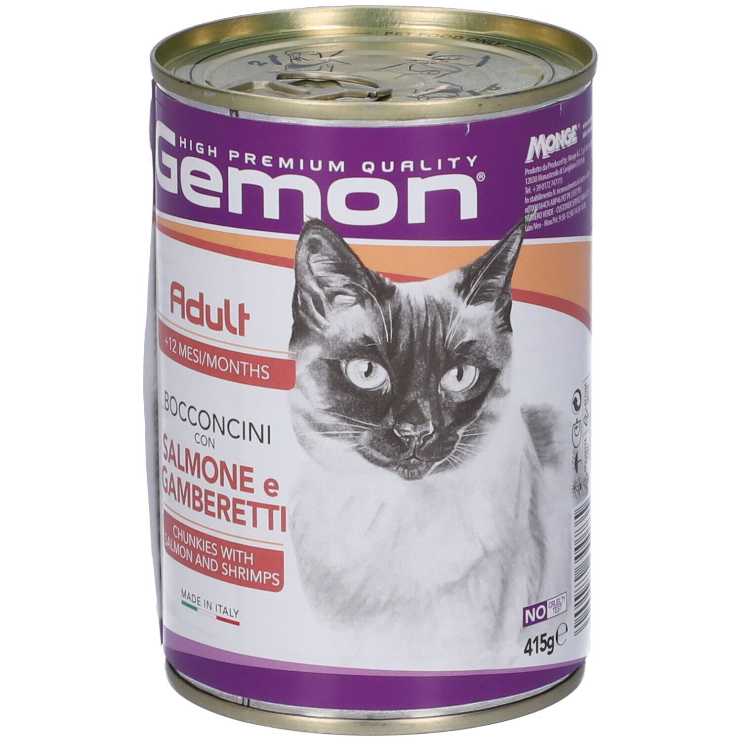 Lattina di cibo per gatti Gemon. Scritta: Adult +12 mesi, con salmone e gamberetti. Immagine di un gatto. Peso: 415g.