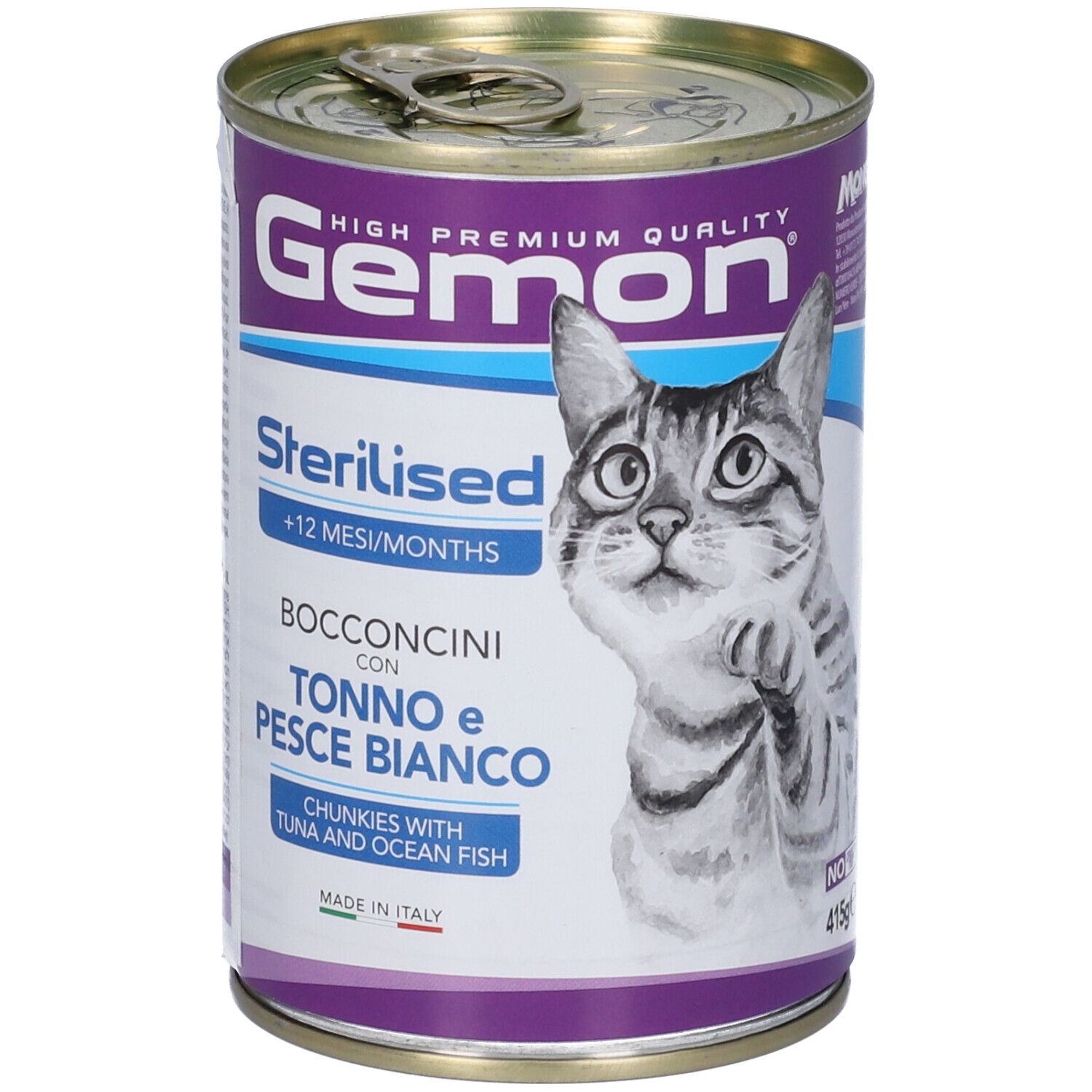 Lattina di cibo per gatti Gemon. Testo: Sterilised, Bocconcini con Tonno e Pesce Bianco. Immagine di un gatto.