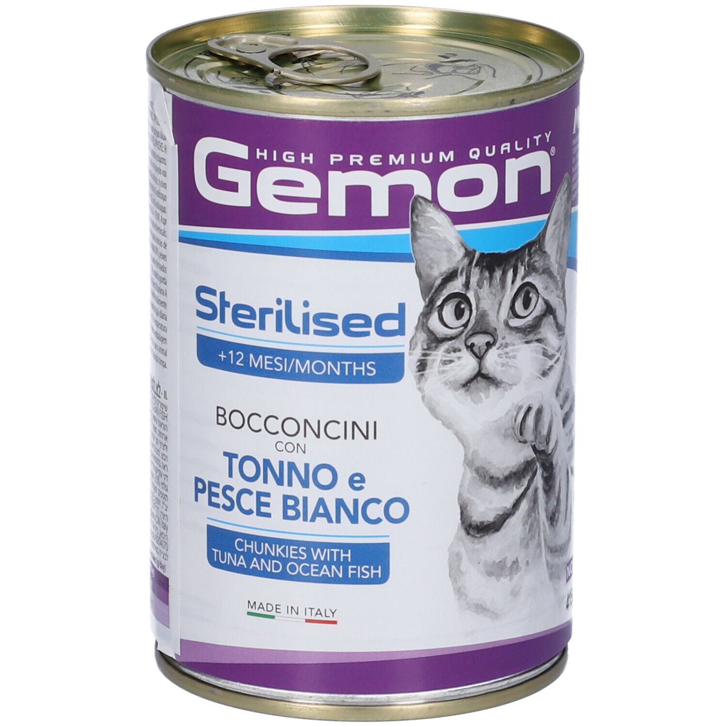 Lattina di cibo per gatti Gemon. Testo: Sterilised, Bocconcini con Tonno e Pesce Bianco. Immagine di un gatto.