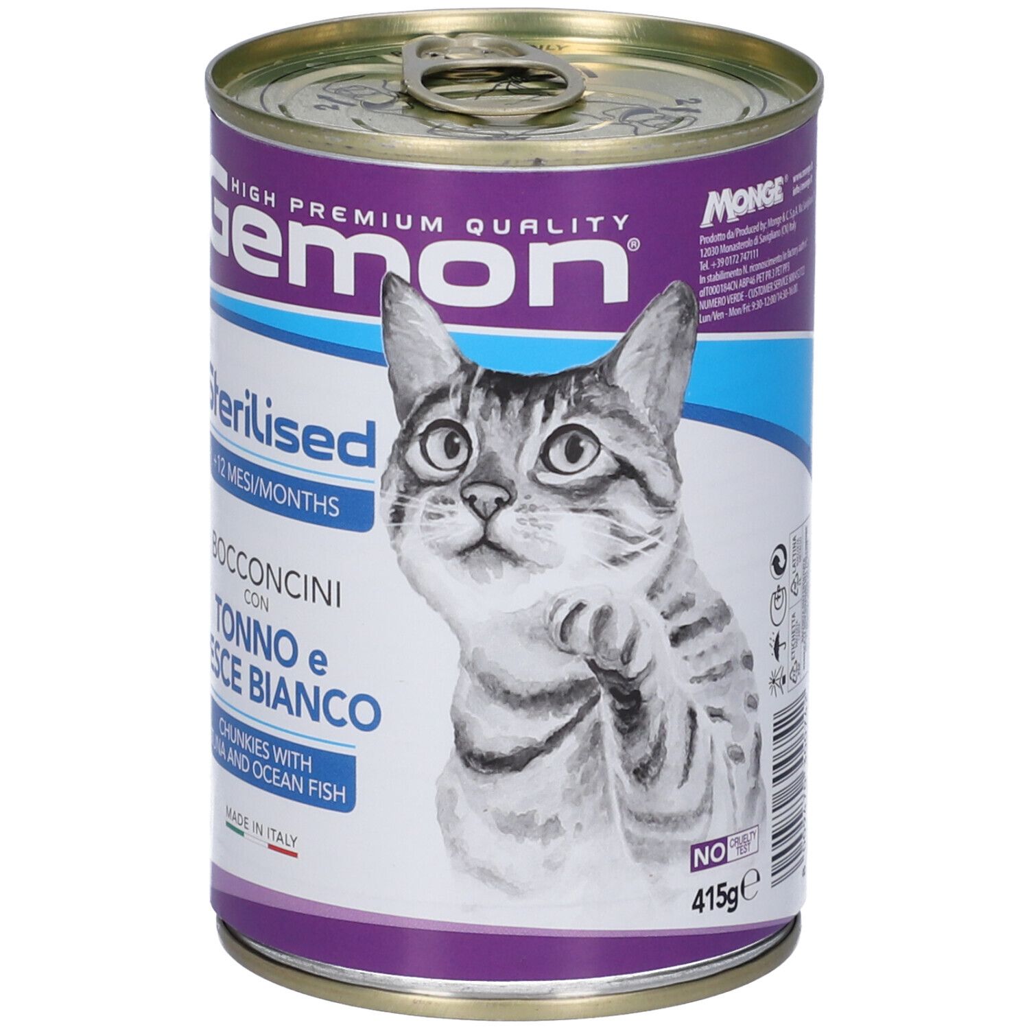 Lattina di cibo per gatti Gemon. Testo: Sterilised, Bocconcini con Tonno e Pesce Bianco. Immagine di un gatto.