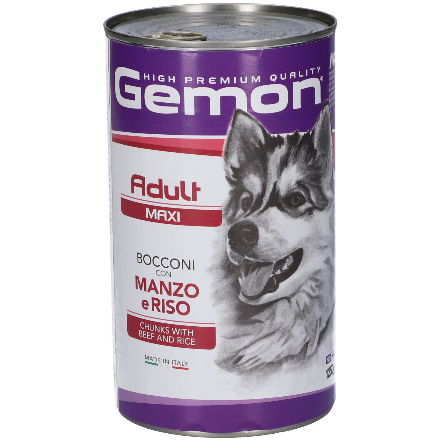 Lattina di cibo per cani Gemon Adult Maxi Bocconi con Manzo e Riso. Immagine di un cane.