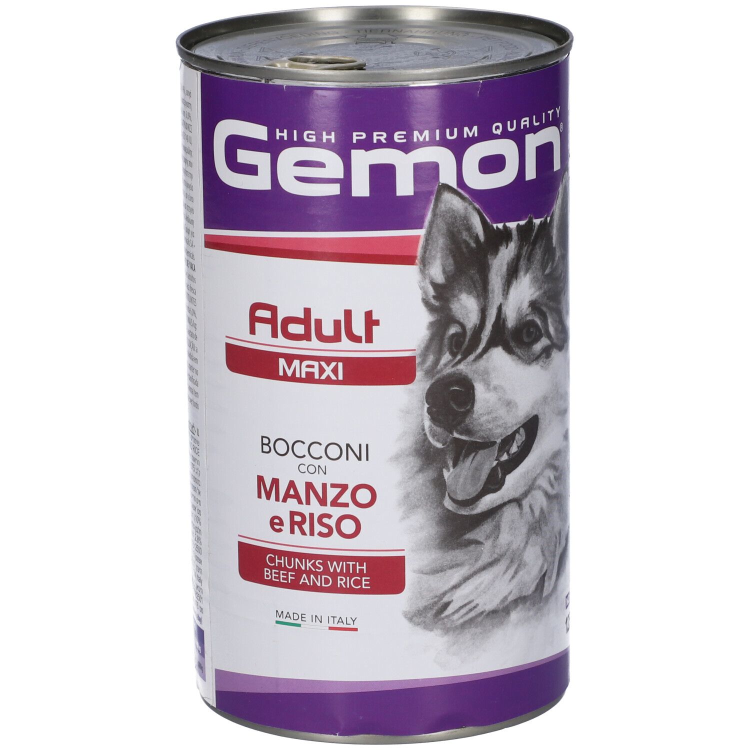 Lattina di cibo per cani Gemon Adult Maxi Bocconi con Manzo e Riso. Immagine di un cane.